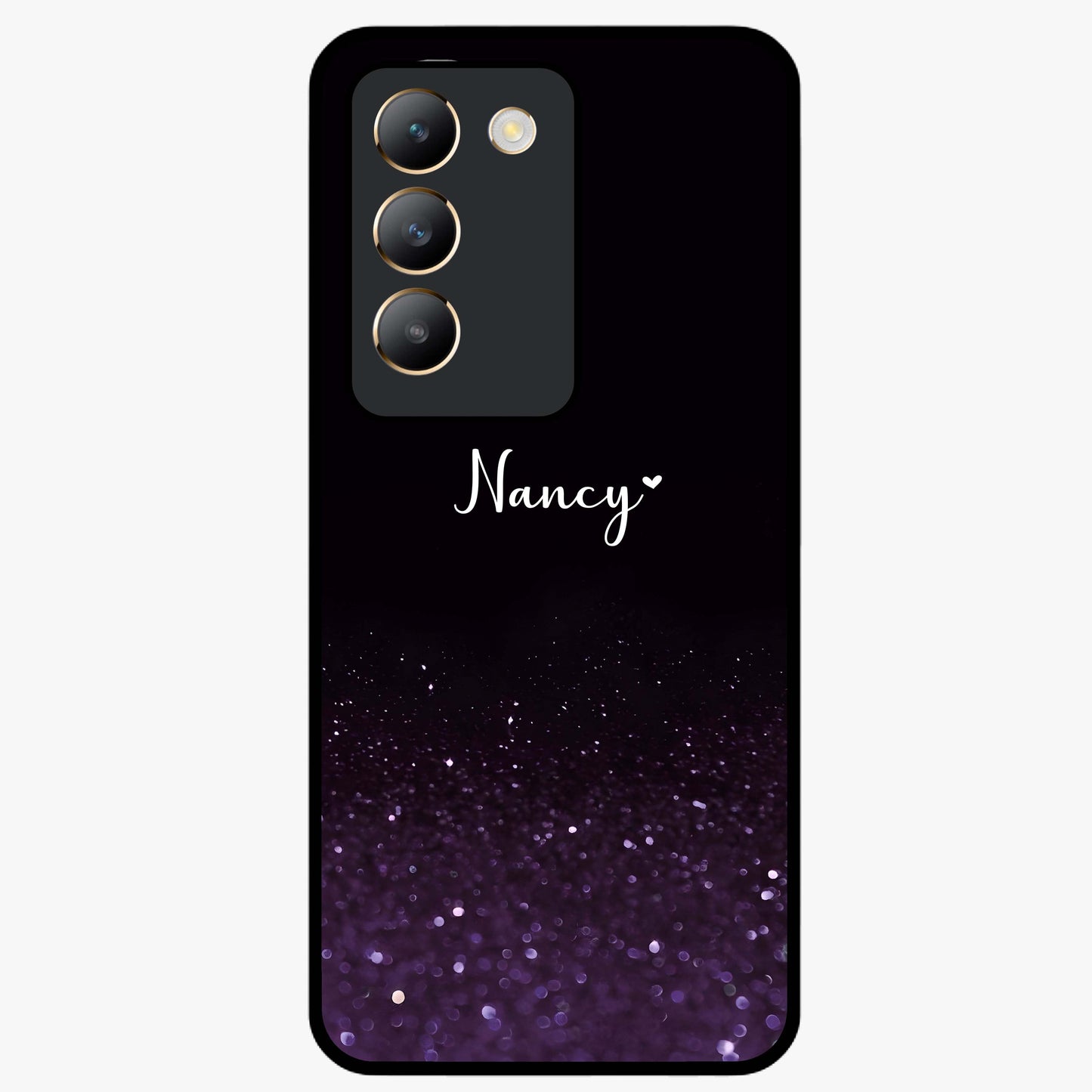 Glittery Purple Bokeh Custom Name Glass Case showing flat back view with purple bokeh sparkle artwork and personalized name design.