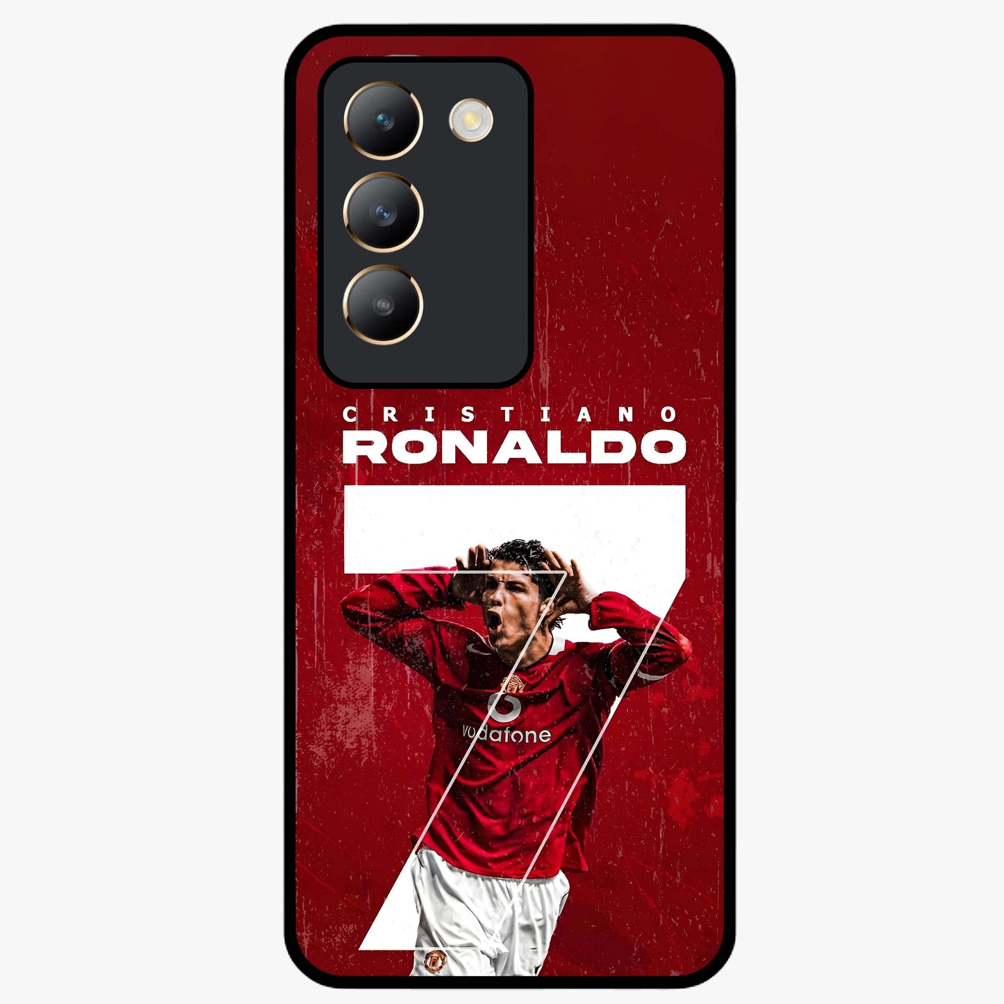 Goal Celebration Legacy Glass Case showing flat back view with football celebration inspired artwork and glossy glass finish.