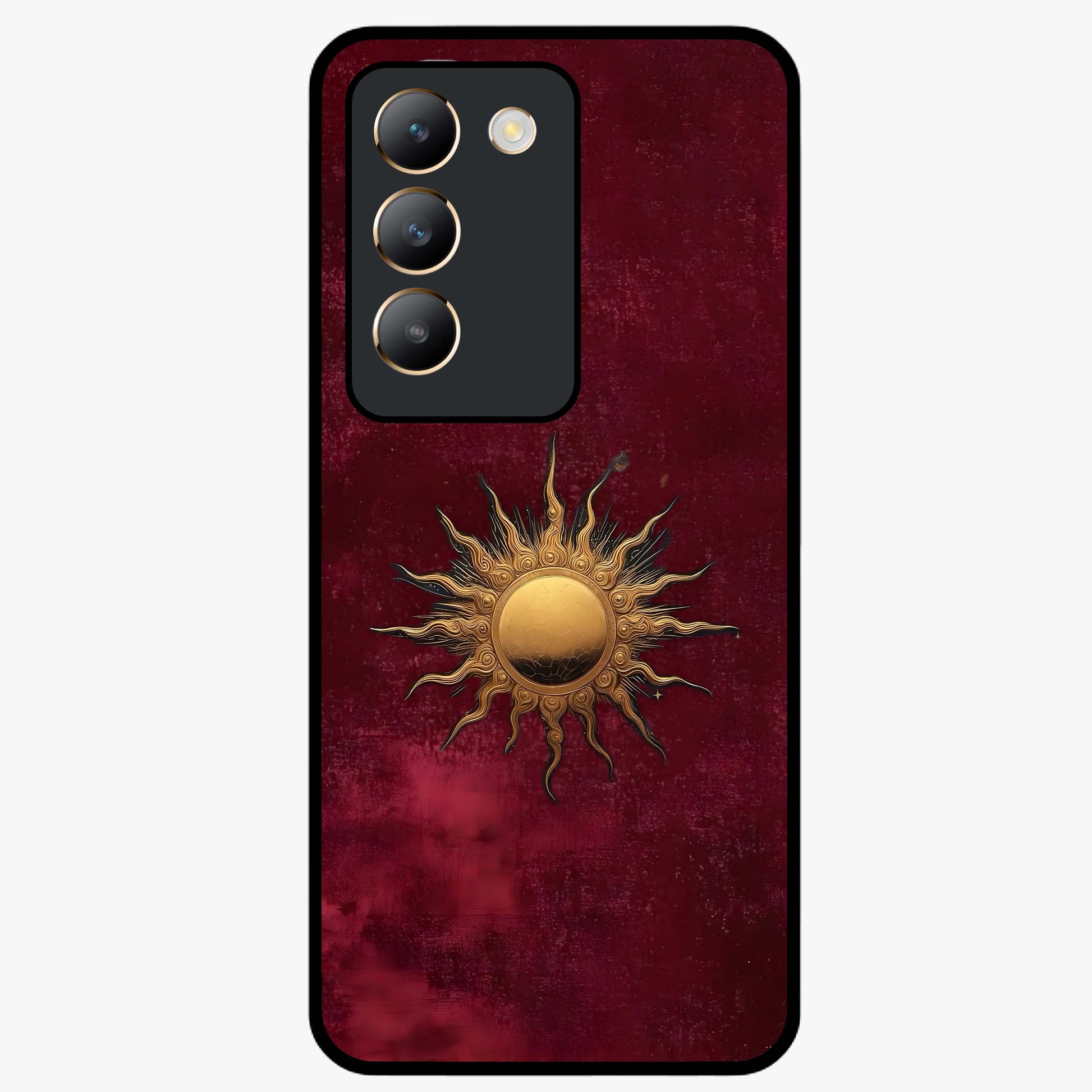 Gold Sun Blush Glass Case showing flat back view with golden sun inspired artwork and glossy glass finish.