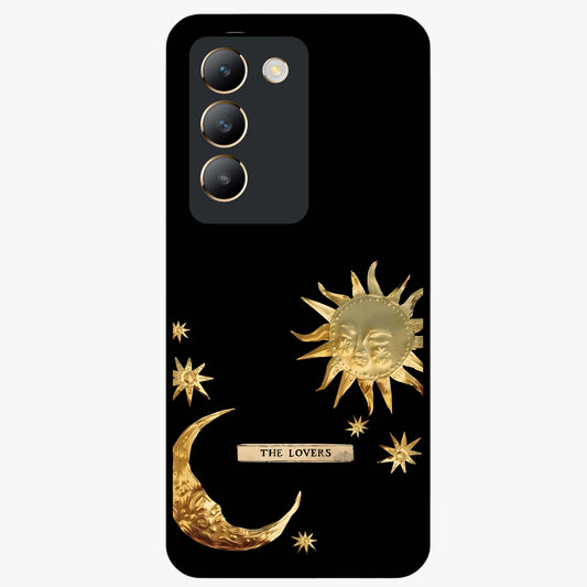 Golden Celestial Charm Glass Case showing flat back view with golden celestial charm artwork and glossy glass finish.