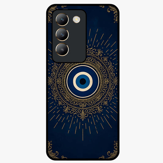 Golden Evil Eye Mandala Glass Case showing flat back view with intricate evil eye mandala artwork and glossy glass finish.