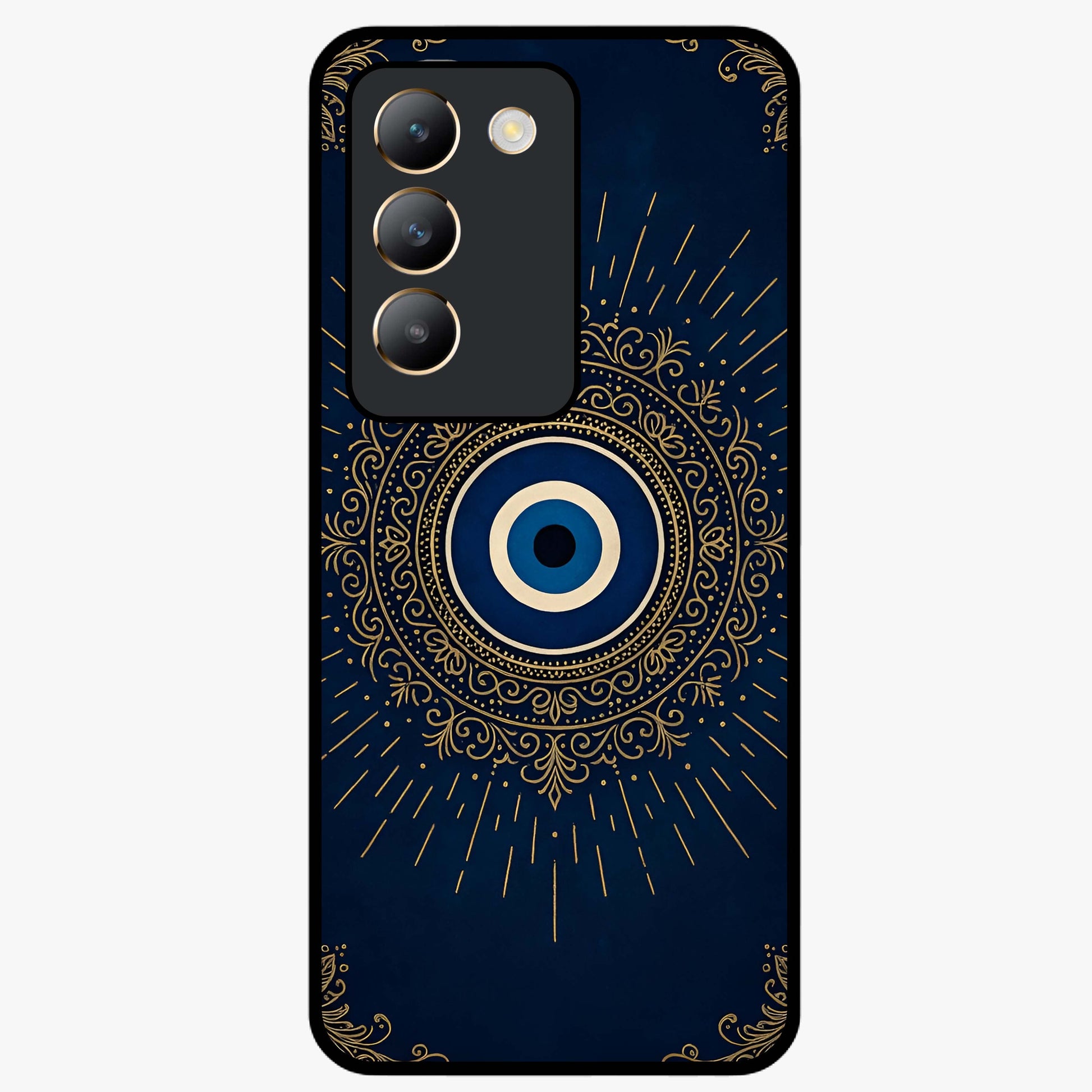 Golden Evil Eye Mandala Glass Case showing flat back view with intricate evil eye mandala artwork and glossy glass finish.
