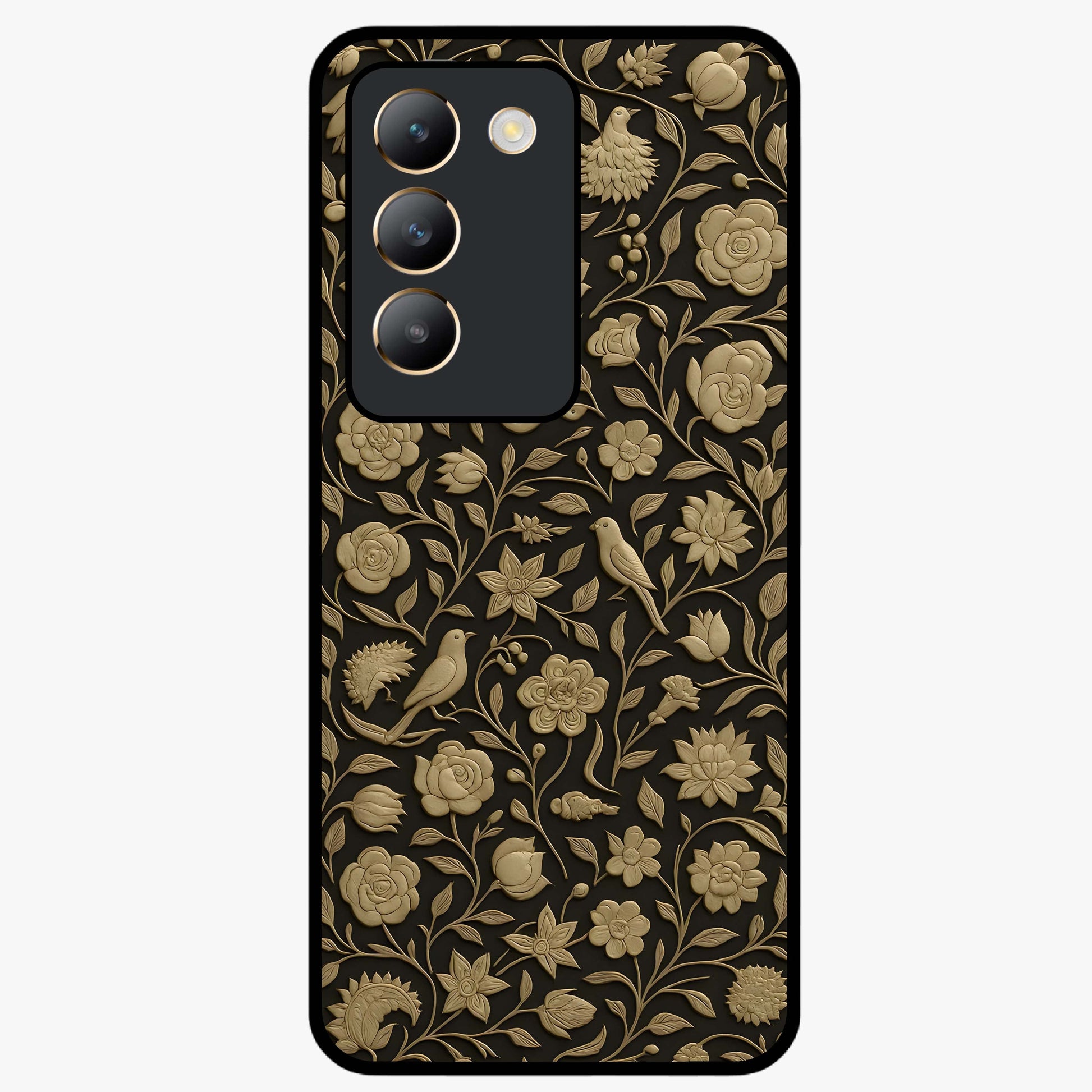 Golden Floral Majesty Glass Case showing flat back view with luxurious golden floral artwork and glossy glass finish.