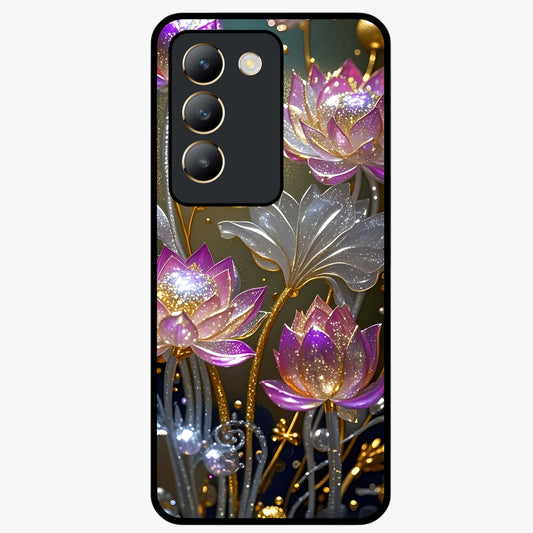 Golden Lotus Glow Glass Case showing flat back view with glowing lotus flower artwork and glossy glass finish.