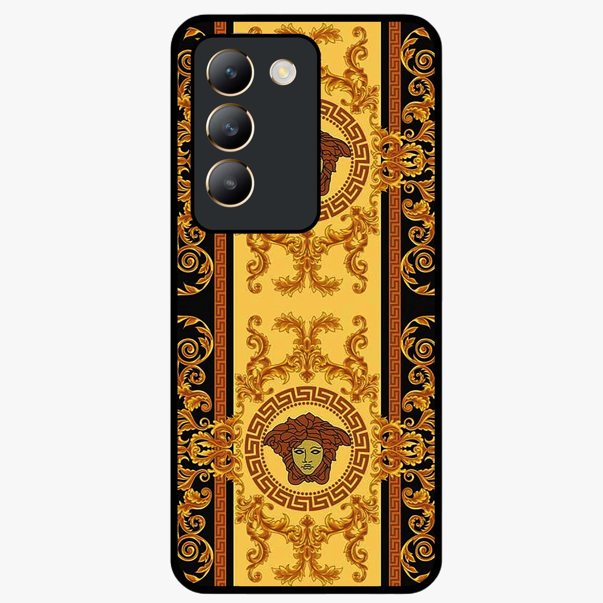 Golden Royal Heritage Glass Case showing flat back view with ornate royal pattern artwork and glossy glass finish.