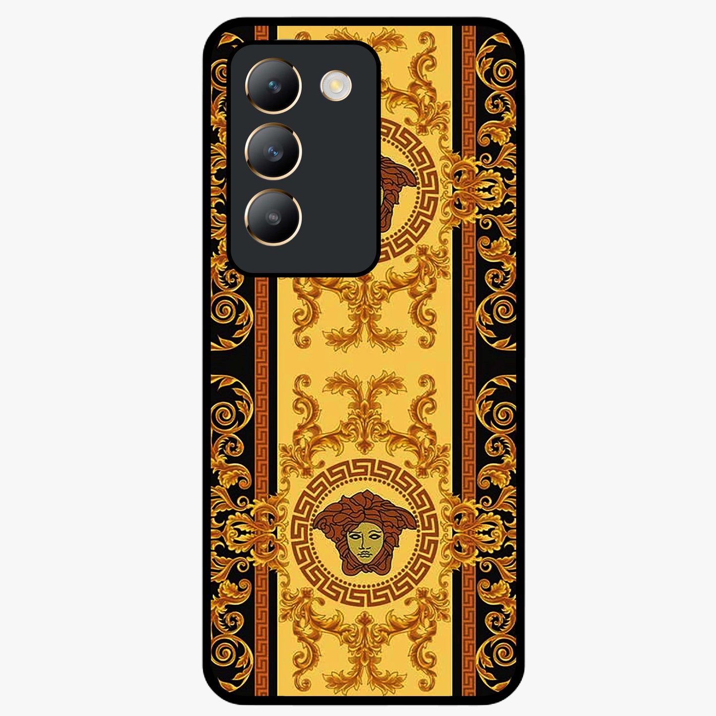 Golden Royal Heritage Glass Case showing flat back view with ornate royal pattern artwork and glossy glass finish.