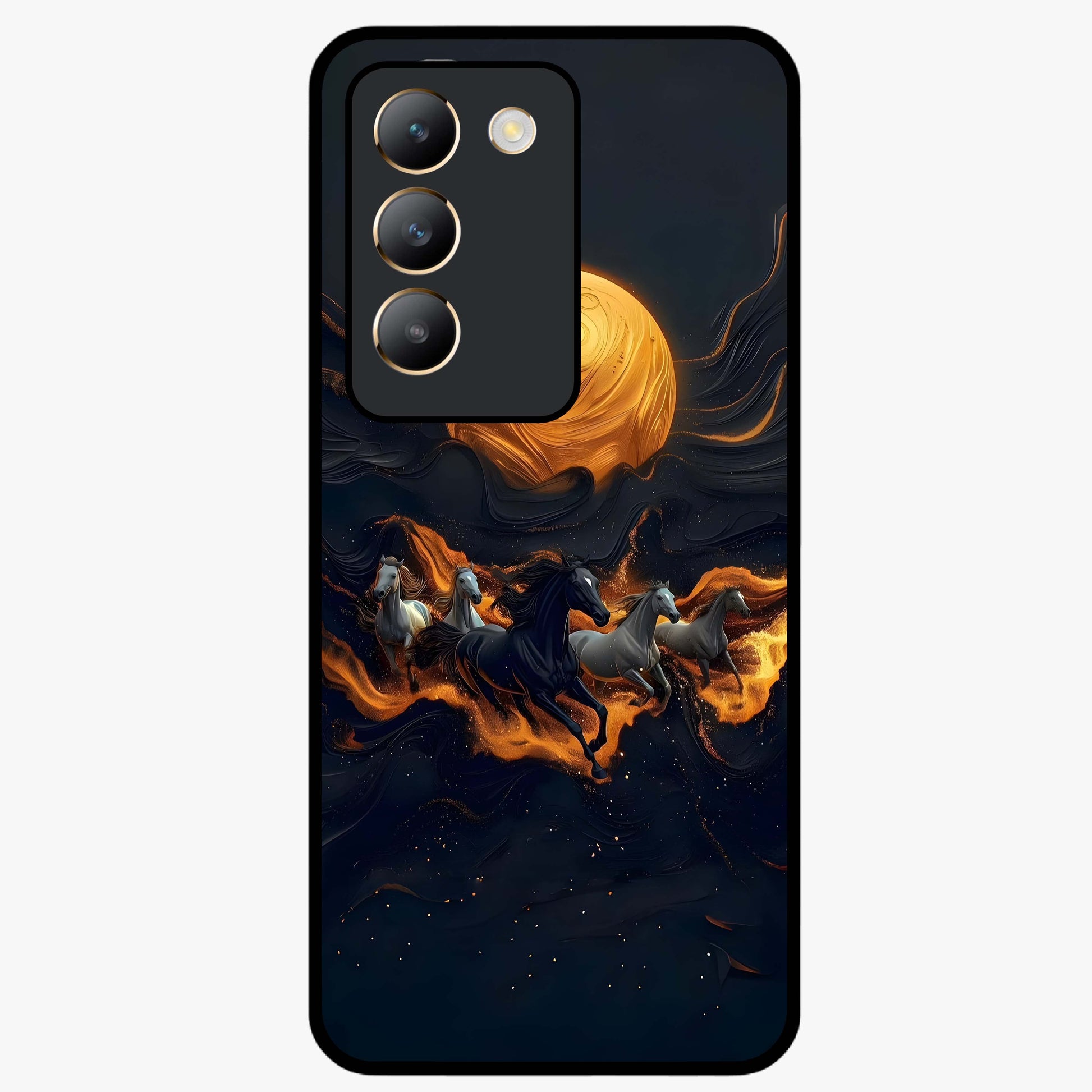 Golden Stallion Moonride Glass Case showing flat back view with majestic horse under moonlight artwork and glossy glass finish.