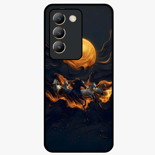 Golden Stallion Moonride Glass Case showing flat back view with majestic horse under moonlight artwork and glossy glass finish.