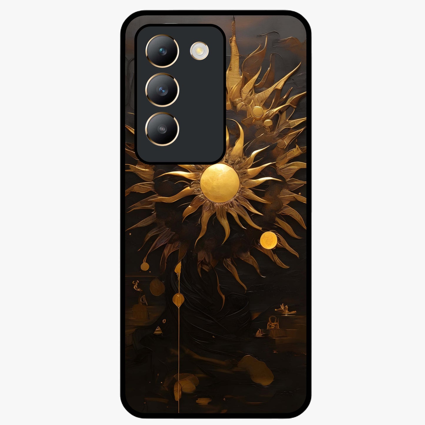 Golden Sun Majesty Glass Case showing flat back view with radiant golden sun artwork and glossy glass finish.