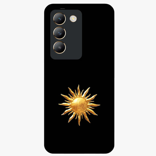 Golden Sun Minimalism Glass Case showing flat back view with minimal golden sun artwork and glossy glass finish.