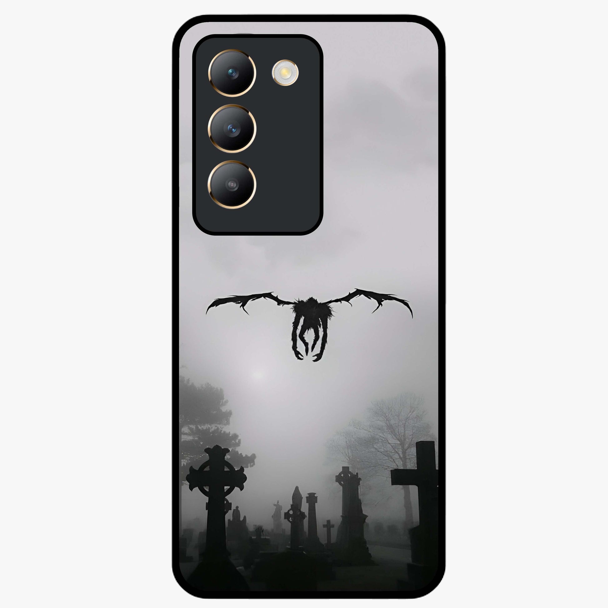 Graveyard Shadow Descent Glass Case showing flat back view with dark graveyard themed artwork and glossy glass finish.