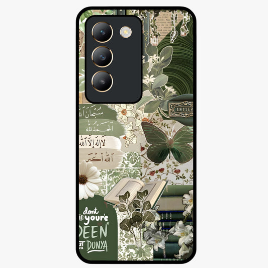 Green Islamic Books Quotes Glass Case showing flat back view with Islamic quotes and book themed artwork and glossy glass finish.