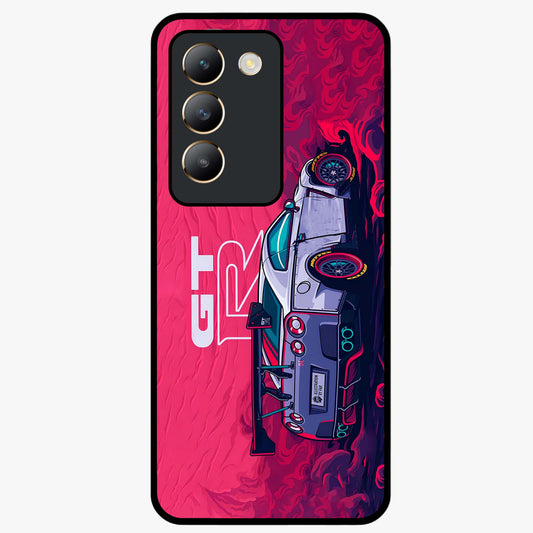 GT-R Car Pattern Glass Case showing flat back view with sporty car inspired pattern artwork and glossy glass finish.