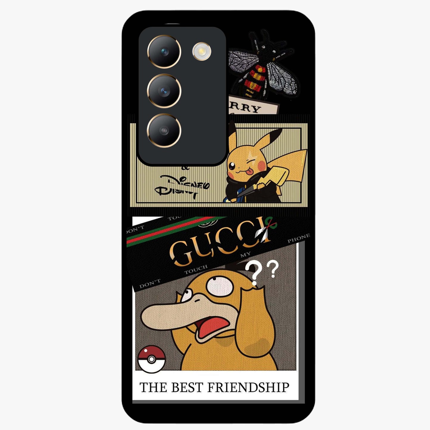 Gucci Play Mashup Glass Case showing flat back view with luxury inspired graphic artwork and glossy glass finish.