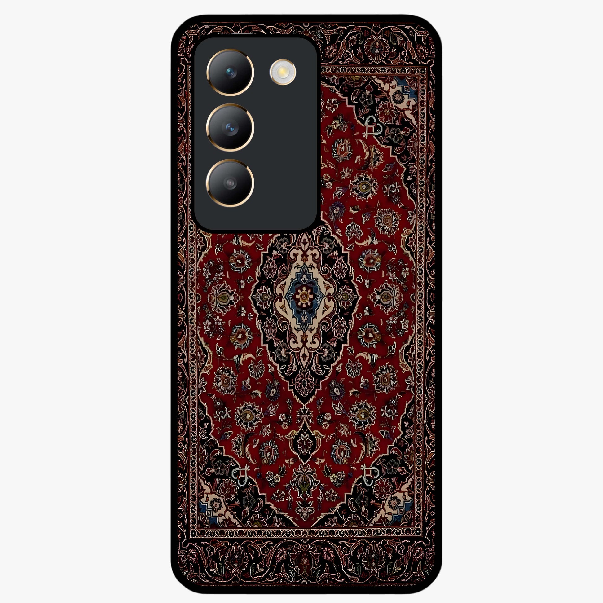 Heritage Carpet Royale Glass Case showing flat back view with ornate Persian carpet inspired pattern and glossy glass finish.