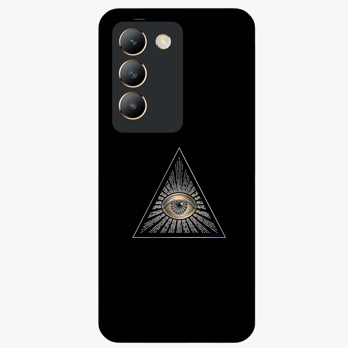 Illuminati Evil Glass Case showing flat back view with mysterious illuminati symbol artwork and glossy glass finish.