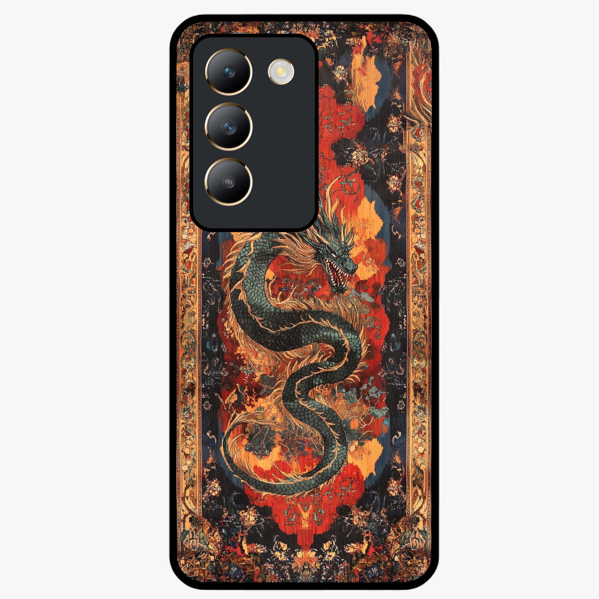Inferno Dragon Soul Glass Case showing flat back view with fiery dragon artwork and glossy glass finish.