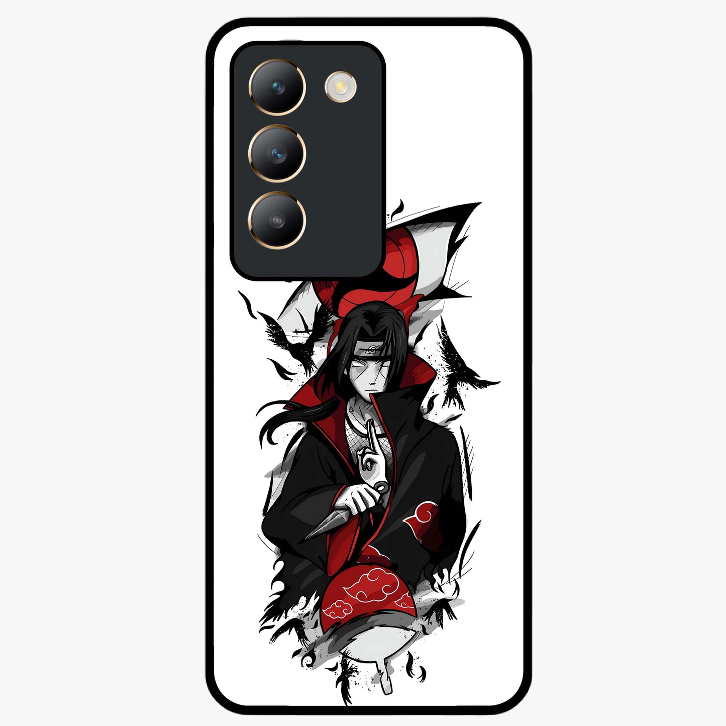 Itachi Sharingan Glass Case showing flat back view with powerful anime eye artwork and glossy glass finish.