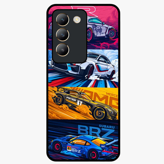 JDM Sports Car Glass Case showing flat back view with high performance sports car artwork and glossy glass finish.