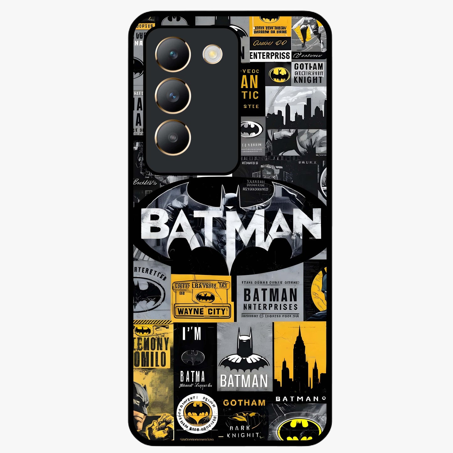 Knight Gotham Rise Glass Case showing flat back view with dark hero inspired artwork and glossy glass finish.