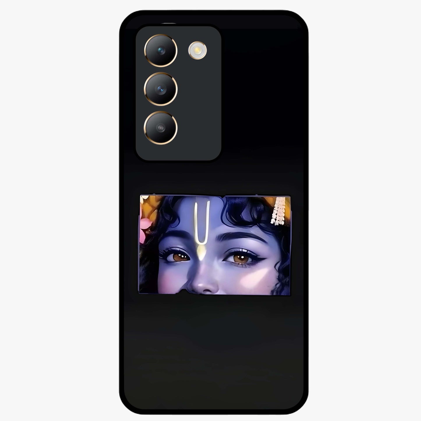 Krishna Divine Embrace Glass Case showing flat back view with Lord Krishna devotional artwork and glossy glass finish.