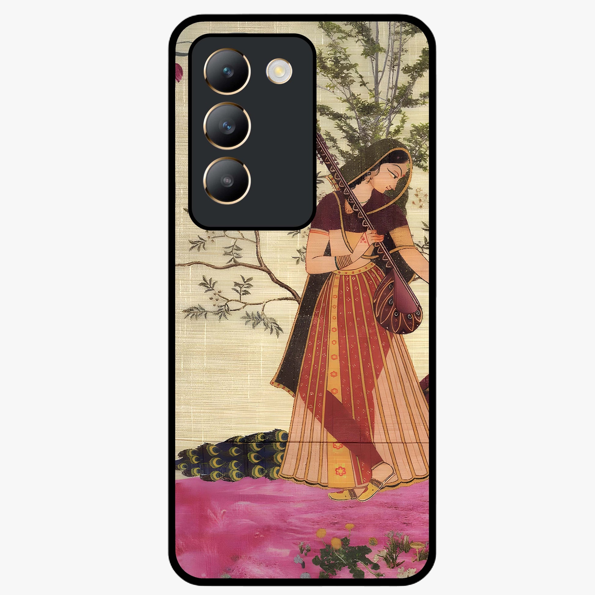 Lady With Veena Art Glass Case showing flat back view with elegant woman playing veena artwork and glossy glass finish.