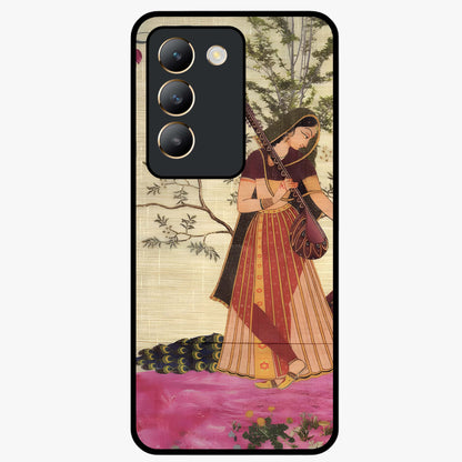 Lady With Veena Art Glass Case showing flat back view with elegant woman playing veena artwork and glossy glass finish.