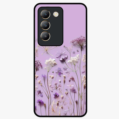 Lavender Blossom Dream Glass Case showing flat back view with soft lavender floral artwork and glossy glass finish.