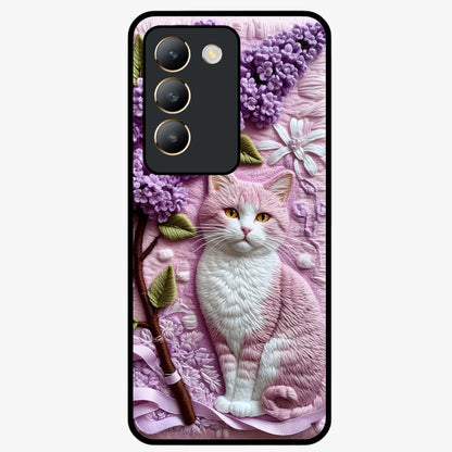 Lavender Cat Whimsy Glass Case showing flat back view with cute lavender cat artwork and glossy glass finish.