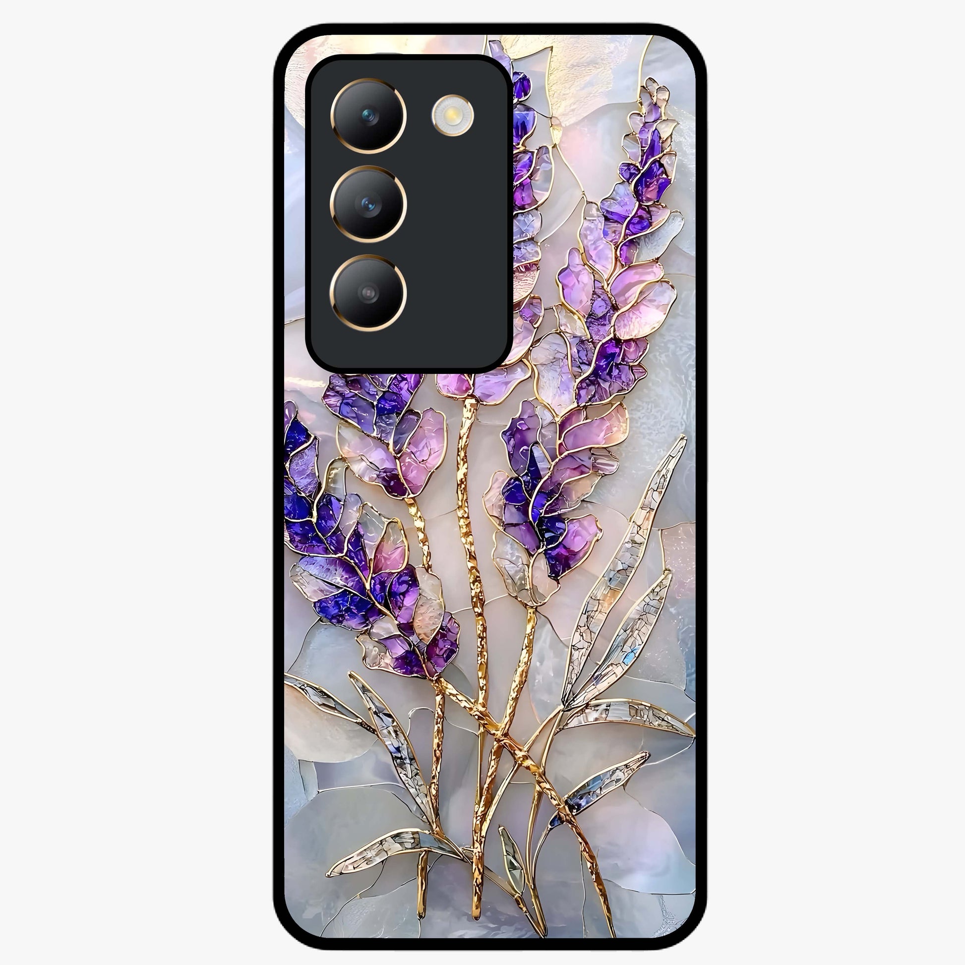 Lavender Dream Glow Glass Case showing flat back view with glowing lavender aesthetic artwork and glossy glass finish.