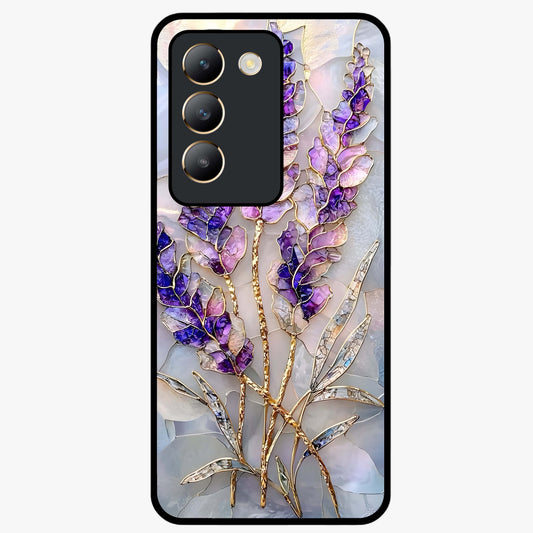 Lavender Dream Glow Glass Case showing flat back view with glowing lavender aesthetic artwork and glossy glass finish.
