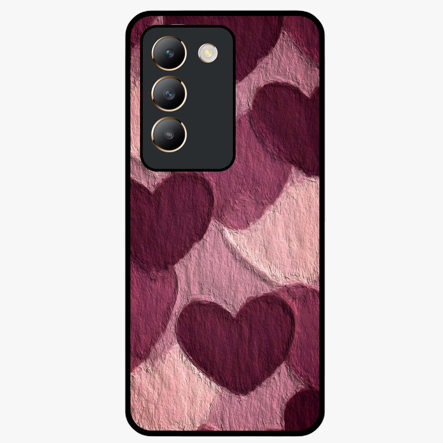 Layered Paper Hearts Glass Case showing flat back view with layered paper heart artwork and glossy glass finish.