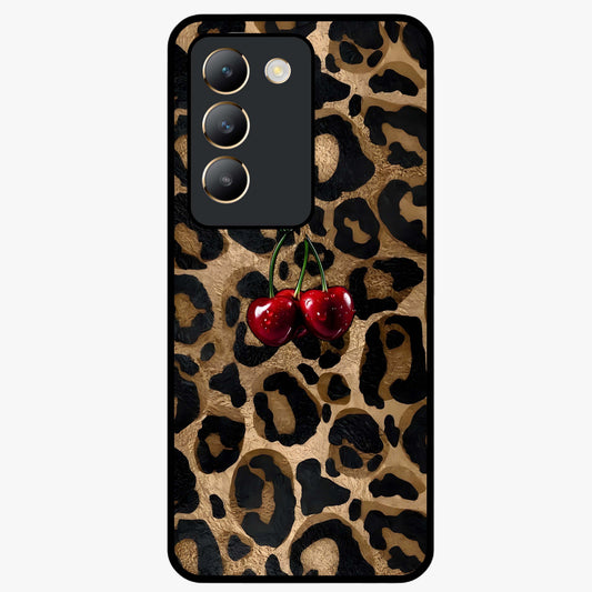 Leopard Wild Cherry Glass Case showing flat back view with leopard pattern and cherry artwork and glossy glass finish.