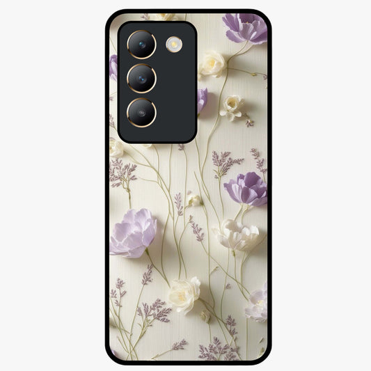 Lilac Breeze Harmony Glass Case showing flat back view with soft lilac themed artwork and glossy glass finish.