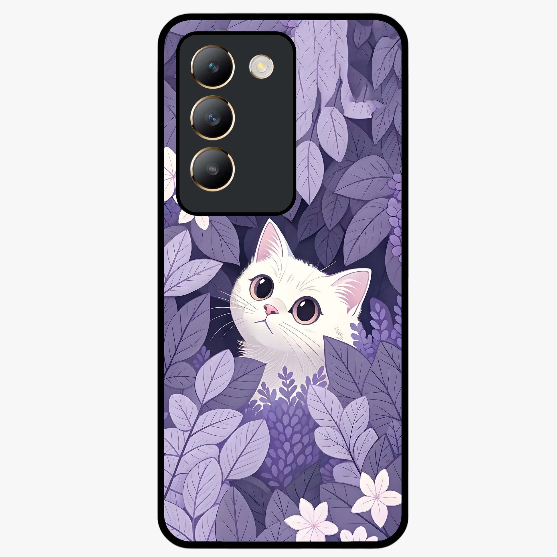 Lilac Hide Peek Cat Glass Case showing flat back view with cute peeking cat artwork and glossy glass finish.