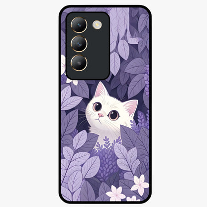 Lilac Hide Peek Cat Glass Case showing flat back view with cute peeking cat artwork and glossy glass finish.