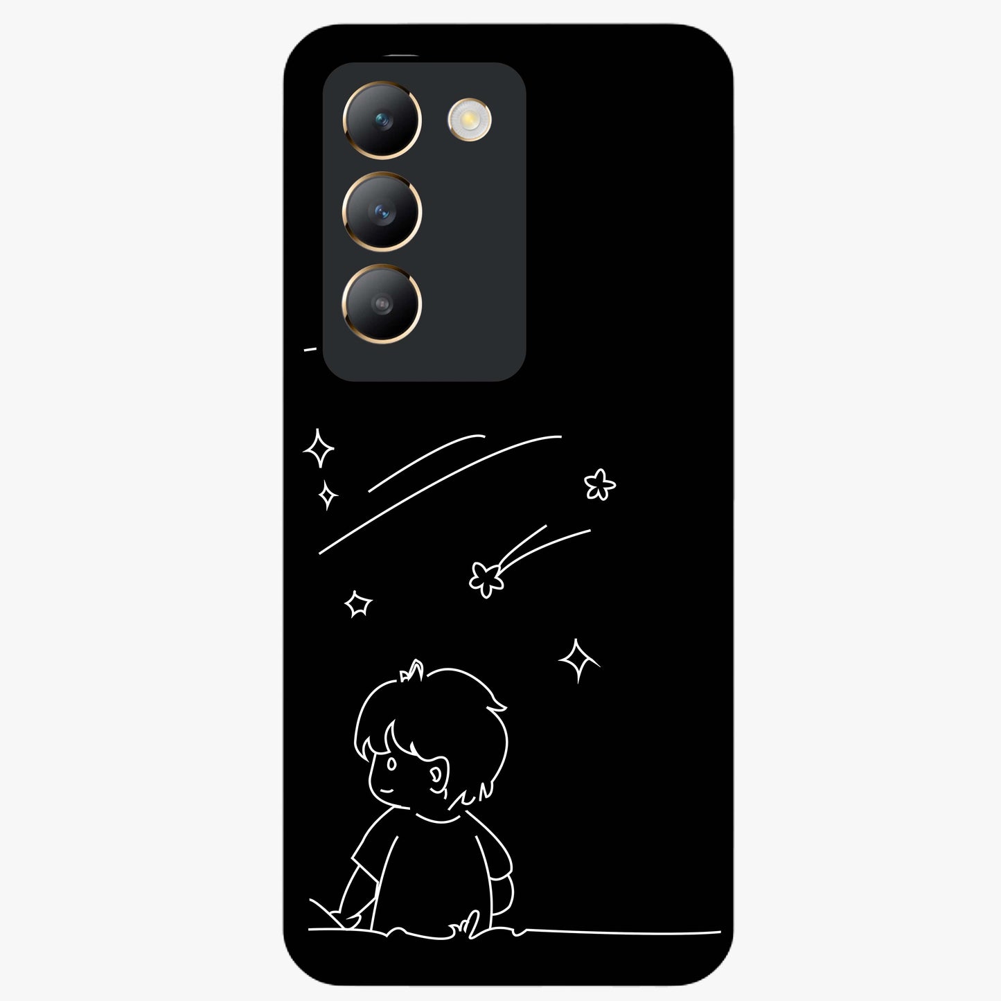 Line Art Boy With Shooting Stars Glass Case showing flat back view with minimal line art boy and shooting stars illustration and glossy glass finish.