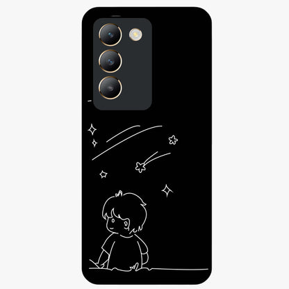 Line Art Boy With Shooting Stars Glass Case showing flat back view with minimal line art boy and shooting stars illustration and glossy glass finish.