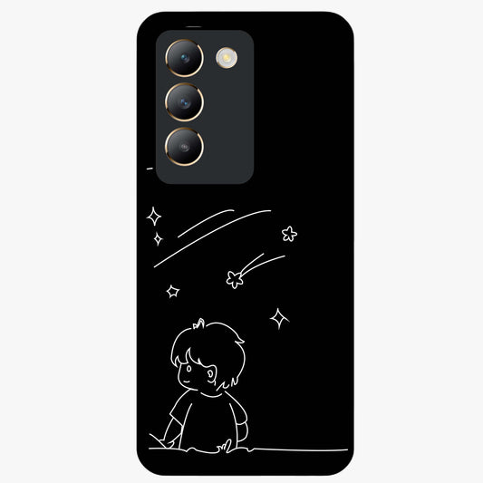Line Art Boy With Shooting Stars Glass Case showing flat back view with minimal line art boy and shooting stars illustration and glossy glass finish.