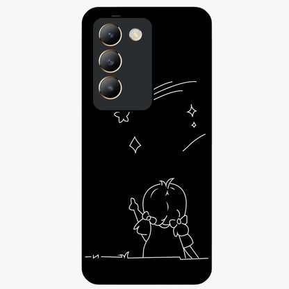 Line Art Girl With Shooting Stars Glass Case showing flat back view with minimal line art girl and shooting stars illustration and glossy glass finish.
