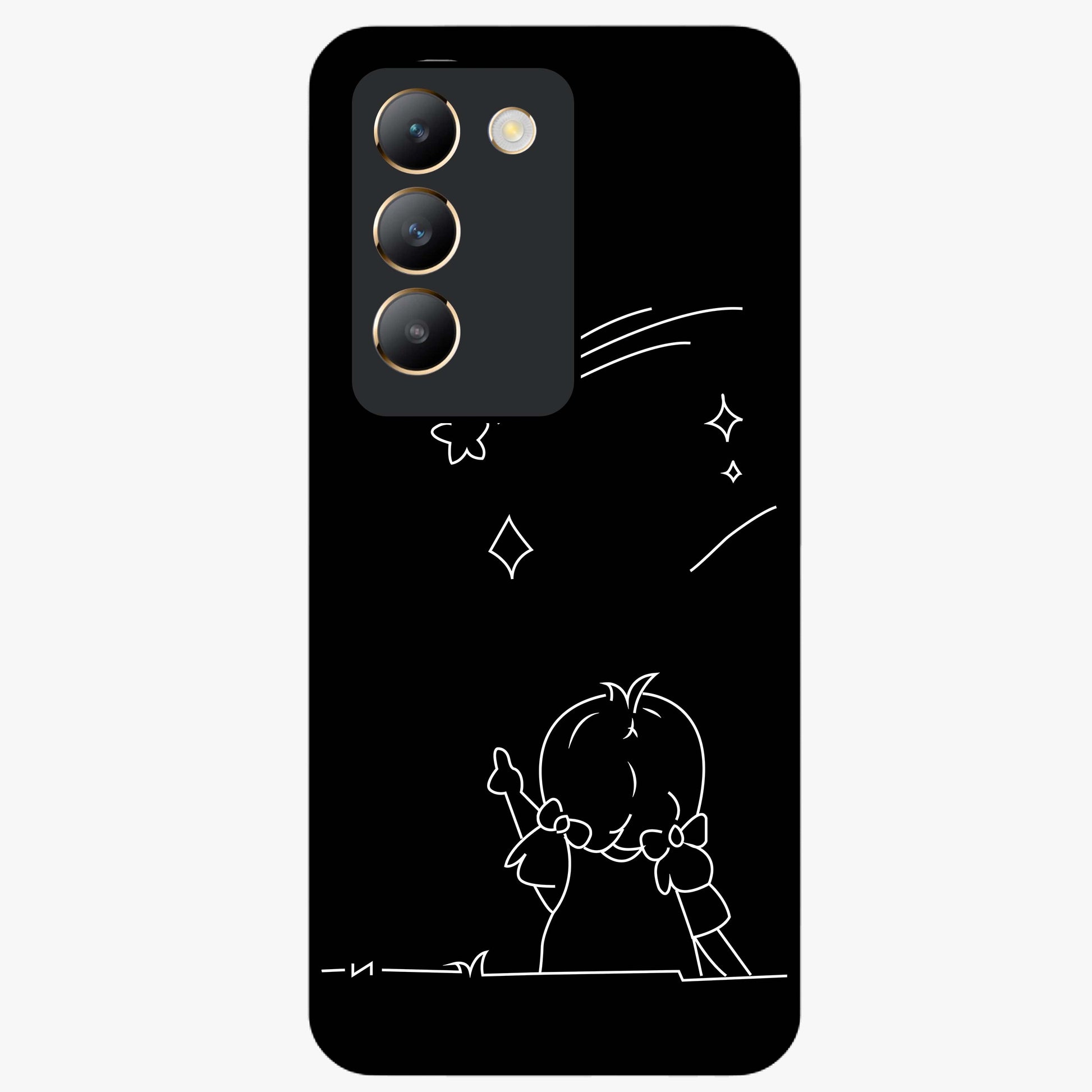 Line Art Girl With Shooting Stars Glass Case showing flat back view with minimal line art girl and shooting stars illustration and glossy glass finish.
