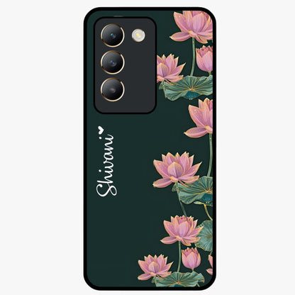 Lotus Bloom Serenity Custom Name Glass Case showing flat back view with elegant lotus flower artwork and personalized name design.
