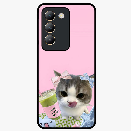 Love Matcha Cat Glass Case showing flat back view with cute cat and matcha themed artwork and glossy glass finish.