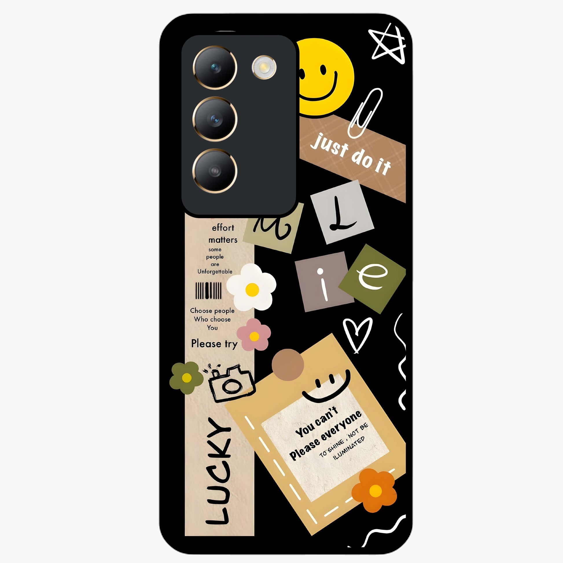 Lucky Aesthetic Collage Glass Case showing flat back view with trendy aesthetic collage artwork and glossy glass finish.