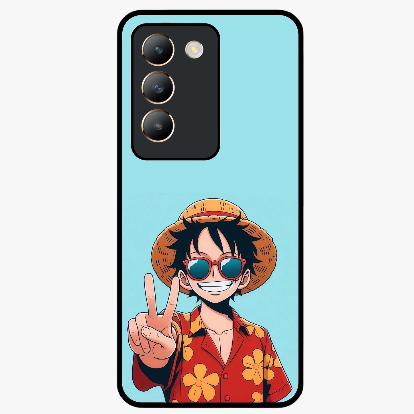 Luffy Summer Anime Vibe Glass Case showing flat back view with vibrant anime character artwork and glossy glass finish.