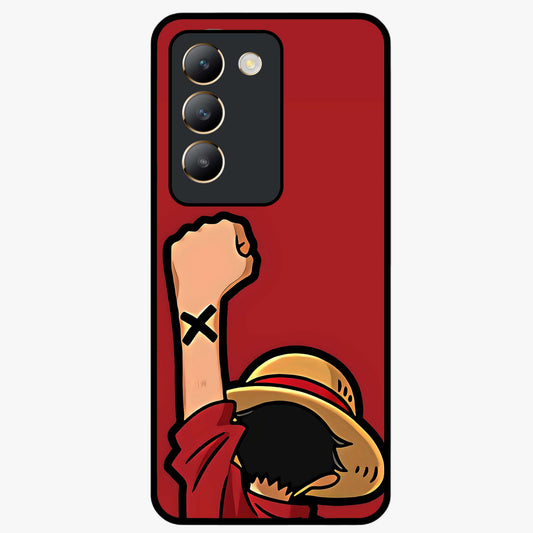 Luffy X Spirit Glass Case showing flat back view with bold anime character artwork and glossy glass finish.