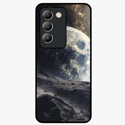 Lunar Horizon Glow Glass Case showing flat back view with glowing moon horizon artwork and glossy glass finish.