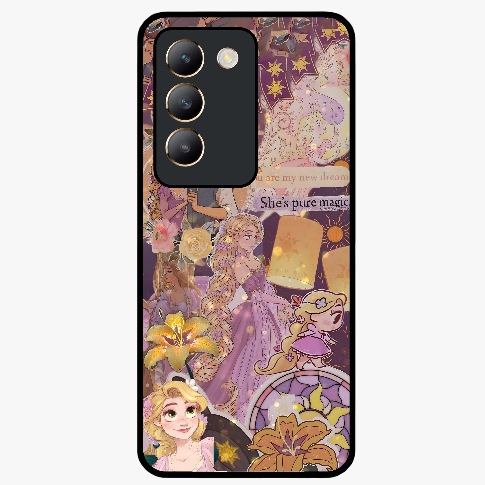 Magical Tangled Dream Glass Case showing flat back view with dreamy tangled artwork and glossy glass finish.