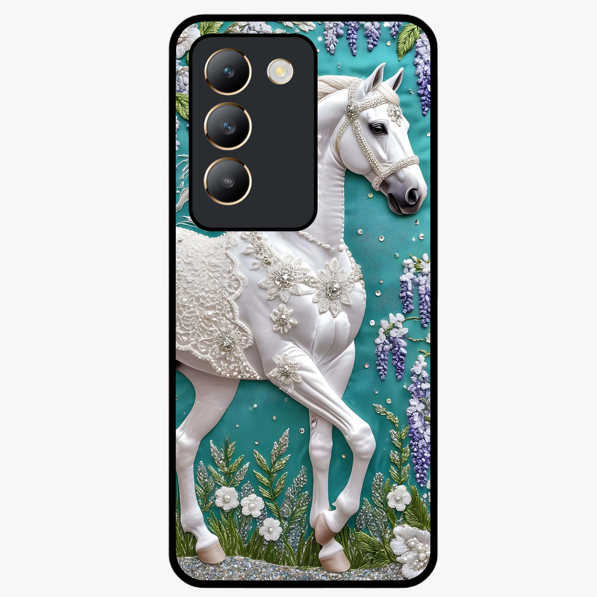 Majestic Floral Stallion Glass Case showing flat back view with powerful horse and floral artwork and glossy glass finish.