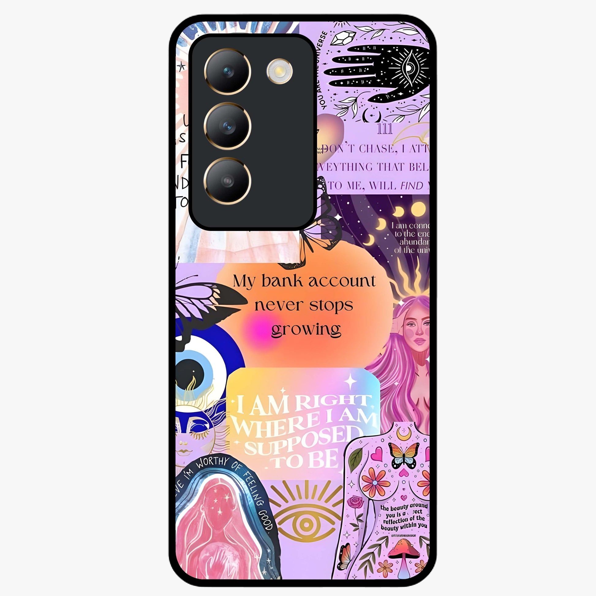 Manifestation Collage Glass Case showing flat back view with motivational collage artwork and glossy glass finish.
